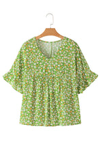 Load image into Gallery viewer, Green Floral Print Ruffle Sleeve V Neck Blouse Top