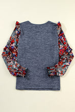 Load image into Gallery viewer, Blue Ruffle Tiered Floral Sleeve Crew Neck Blouse