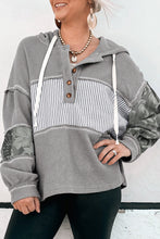 Load image into Gallery viewer, Gray Waffle Printed Patchwork Drawstring Hooded Long Sleeve Top