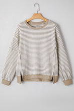 Load image into Gallery viewer, Red Stripe Ribbed Trim Drop Shoulder Long Sleeve Oversize Top