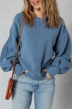 Load image into Gallery viewer, Sail Blue Fleece Drop Shoulder Exposed Seam Patchwork Casual Sweatshirt