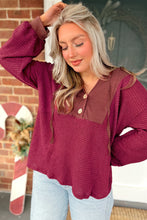 Load image into Gallery viewer, Oatmeal Waffle Patchwork Drop Shoulder Hooded Long Sleeve Top