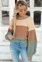 Load image into Gallery viewer, Green Stripe Textured Color Block Bubble Sleeve Baggy Top