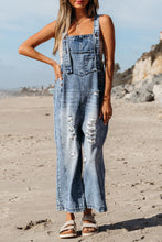Load image into Gallery viewer, Stone Blue Distressed Bib Pocket Wide Leg Denim Overall