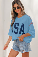 Load image into Gallery viewer, Beau Blue USA Graphic Half Sleeve Loose Ribbed Top