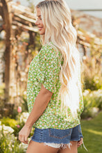 Load image into Gallery viewer, Green Floral Print Ruffle Sleeve V Neck Blouse Top