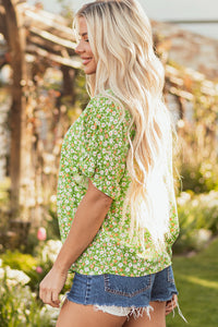 Green Floral Print Ruffle Sleeve V Neck Blouse Top