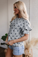 Load image into Gallery viewer, Gray Star Print Tiered Ruffled Sleeve Crew Neck T Shirt