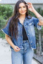 Load image into Gallery viewer, Peacock Blue Raw Edge Ruffled Short Sleeve Denim Jacket