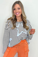 Load image into Gallery viewer, Gray Stripe Starry Patch Drop Shoulder Raw Edge Casual Knit Top