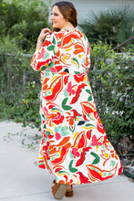 Load image into Gallery viewer, Orange Floral Print Drawstring V Neck Tiered Plus Size Dress