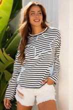 Load image into Gallery viewer, Gray Stripe Starry Patch Drop Shoulder Raw Edge Casual Knit Top