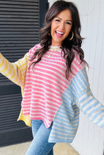 Load image into Gallery viewer, Multicolour Color Block Striped Patchwork Dolman Sleeve Slit Sweater