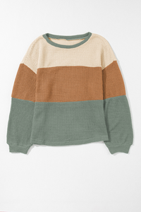 Green Stripe Textured Color Block Bubble Sleeve Baggy Top