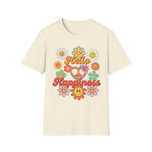 Hello Happiness Floral T-Shirt, Cute Graphic Tee, Unisex Softstyle Shirt, Summer Vibes Apparel, Gift for Friends, Positive Energy Wear