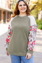 Load image into Gallery viewer, Vineyard Green Plus Size Textured Floral Patchwork Raglan Sleeve Blouse