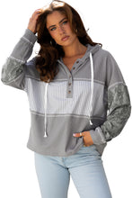 Load image into Gallery viewer, Gray Waffle Printed Patchwork Drawstring Hooded Long Sleeve Top
