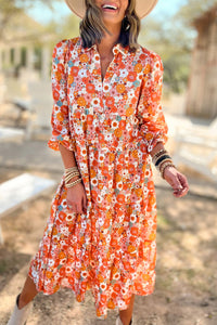 Multicolor Boho Floral Collared Long Sleeve Ruffled Dress