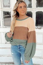 Load image into Gallery viewer, Green Stripe Textured Color Block Bubble Sleeve Baggy Top