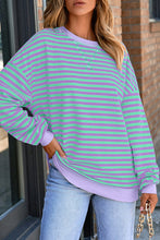Load image into Gallery viewer, Blue Stripe Contrast Ribbed Trim Crossed Stitch Drop Shoulder Sweatshirt