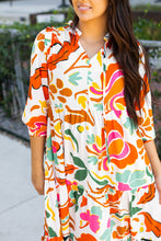 Load image into Gallery viewer, Orange Floral Print Split V Neck Tiered Maxi Dress