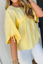 Load image into Gallery viewer, Mist Blue Tie Half Sleeve Pleated Detail Babydoll Blouse