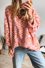 Load image into Gallery viewer, Orange Vibrant Abstract Print Drop Shoulder V Neck Tunic Oversized Sweater