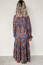 Load image into Gallery viewer, Blue Floral Print Tassel Tie V Neck Long Sleeve Flowy Long Dress