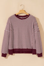 Load image into Gallery viewer, Red Stripe Ribbed Trim Drop Shoulder Long Sleeve Oversize Top