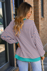 Blue Stripe Contrast Ribbed Trim Crossed Stitch Drop Shoulder Sweatshirt
