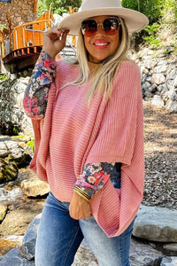 Light Pink Ribbed Knit Half Sleeve Plus Size Poncho Style Sweater