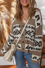 Load image into Gallery viewer, Dark Khaki Ethnic Geometric Pattern Button Front V Neck Sweater Cardigan