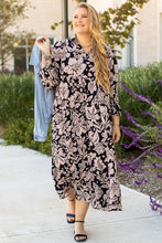 Load image into Gallery viewer, Black Plus Size Floral Printed Puff Sleeve Collared Maxi Dress