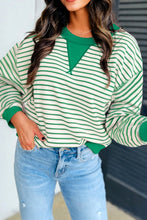 Load image into Gallery viewer, Bright Green Striped Exposed Seam Patchwork Loose Pullover Top