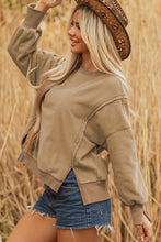 Load image into Gallery viewer, Dark Khaki Fuzzy Sherpa Splicing Pullover Sweatshirt with Side Slit