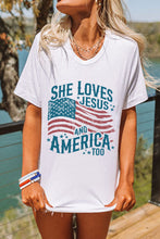 Load image into Gallery viewer, White She Loves Jesus and America Flag Graphic Tee