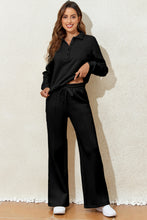 Load image into Gallery viewer, Black Solid Collared Sweatshirt and High Waist Pants Active Set