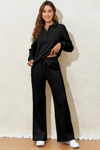 Black Solid Collared Sweatshirt and High Waist Pants Active Set