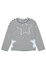 Load image into Gallery viewer, Gray Stripe Starry Patch Drop Shoulder Raw Edge Casual Knit Top