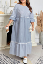 Load image into Gallery viewer, Sky Blue Stripe Crisscross Lace Detail Mixed Striped Patchwork Plus Size Shift Long Dress