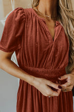 Load image into Gallery viewer, Chestnut Velvet Short Sleeve Shirred Waist Tiered Maxi Dress