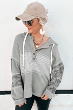 Load image into Gallery viewer, Gray Waffle Printed Patchwork Drawstring Hooded Long Sleeve Top