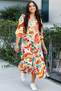 Orange Floral Print Split V Neck Tiered Maxi Dress