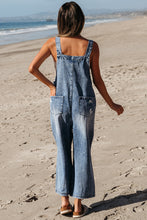 Load image into Gallery viewer, Stone Blue Distressed Bib Pocket Wide Leg Denim Overall
