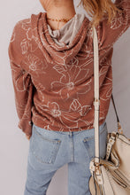 Load image into Gallery viewer, Brown Floral Twisted Rib Drawstring Kangaroo Pocket Hoodie