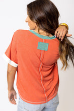 Load image into Gallery viewer, Grapefruit Orange Contrast Trim Exposed Seam V Neck T-shirt