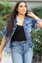 Load image into Gallery viewer, Peacock Blue Raw Edge Ruffled Short Sleeve Denim Jacket