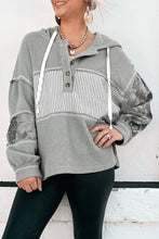 Load image into Gallery viewer, Gray Waffle Printed Patchwork Drawstring Hooded Long Sleeve Top