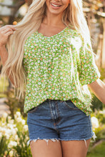 Load image into Gallery viewer, Green Floral Print Ruffle Sleeve V Neck Blouse Top