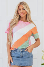 Load image into Gallery viewer, Pink Color Block Patchwork Seamed Crewneck T Shirt